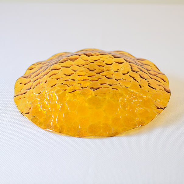 Vintage 13” Round Amber Honeycomb Decorative Gold Rim Glass Bowl