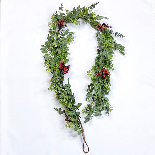 6’ Faux Seeded Eucalyptus with Greens & Red Berries Holiday Garland