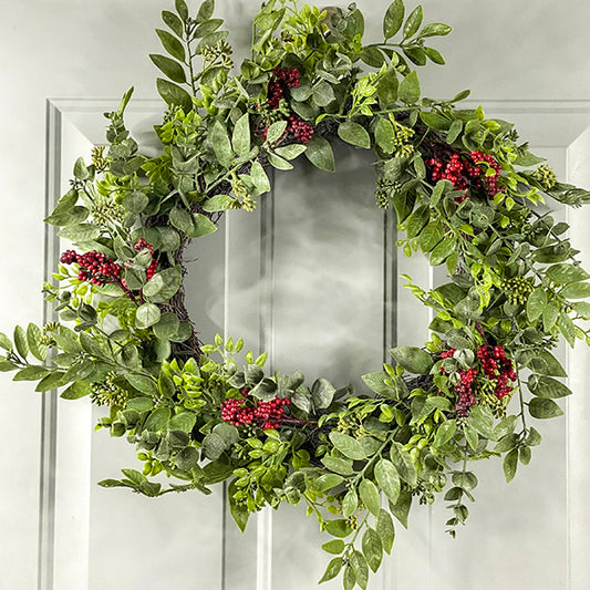 20” Faux Seeded Eucalyptus with Greens & Red Berries Holiday Wreath