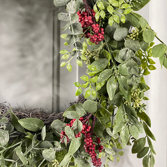 20” Faux Seeded Eucalyptus with Greens & Red Berries Holiday Wreath