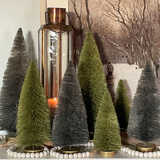 3 pcs. Green Sisal Bottlebrush Holiday Tree Set with Gold Wood Bases