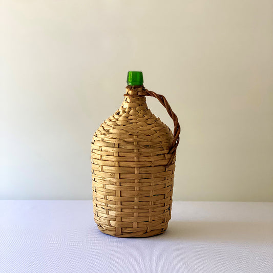 Vintage 14” Tall Green Demijohn Handwoven Wicker Decorative Bottle