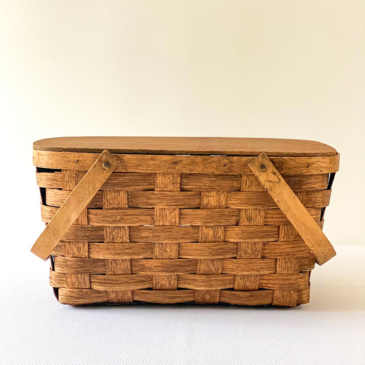 Vintage 18” Woven Splint Wooden Hinged Lid Picnic Basket