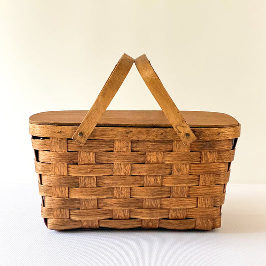 Vintage 18” Rectangular Wooden Hinged Lid Double Handle Picnic Basket