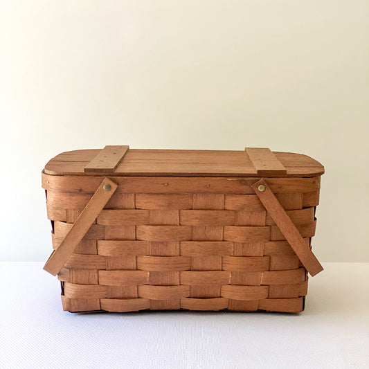 Vintage 17” Woven Splint Wooden Hinged Lid Picnic Basket