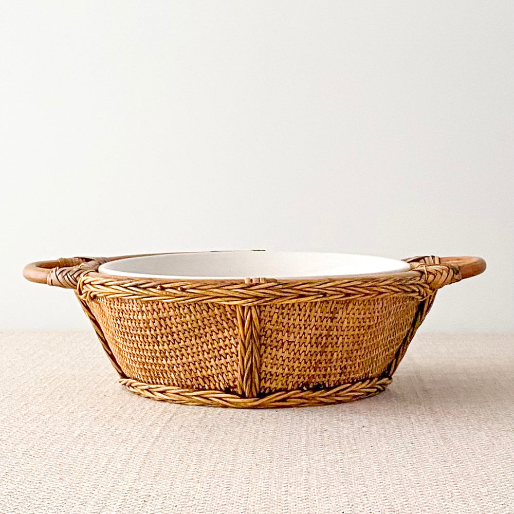 Vintage 4 Quart Round Glazed Casserole Baker in Rattan Serving Basket Set