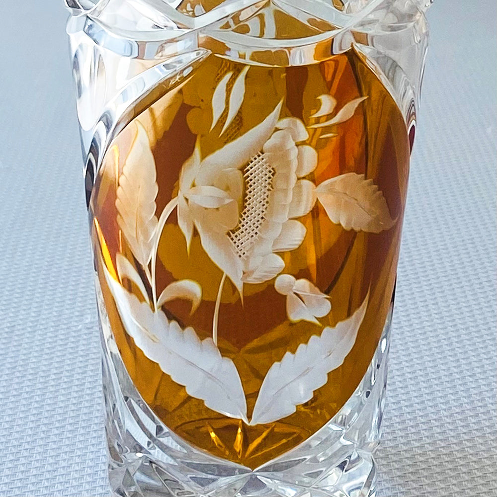 Vintage 6” Julia Glassworks Cut to Clear Amber Floral Crystal Table Vase #2