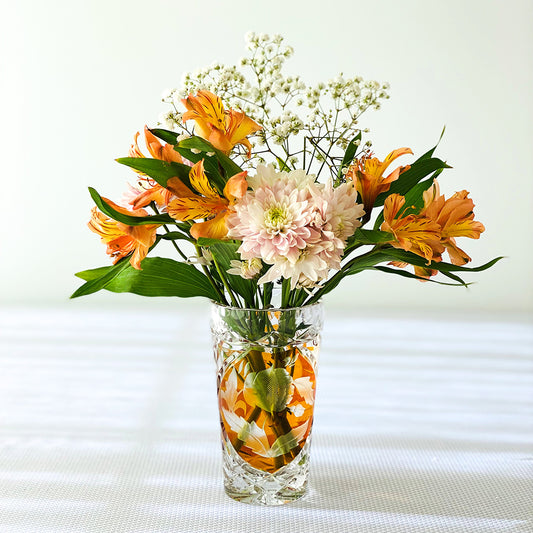 Vintage 6” Julia Glassworks Cut to Clear Amber Floral Crystal Table Vase #3