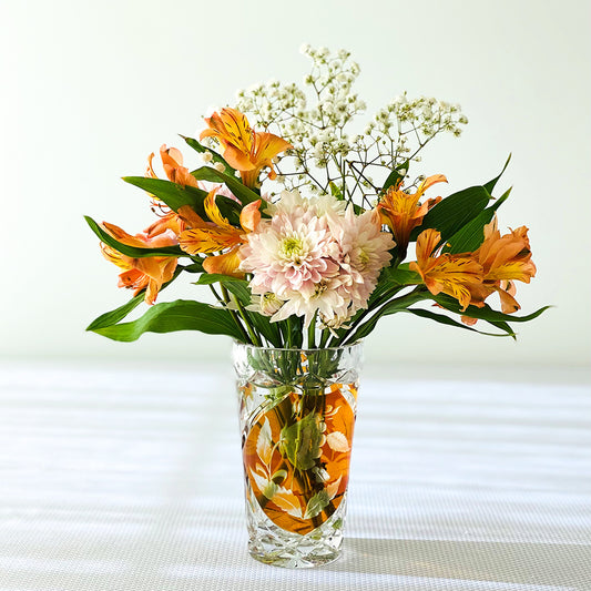 Vintage 6” Julia Glassworks Cut to Clear Amber Floral Crystal Table Vase #2