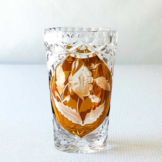Vintage 6” Julia Glassworks Cut to Clear Amber Floral Crystal Table Vase #1