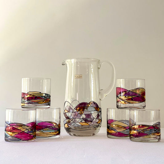 Vintage 7pcs Mid-Century Modern Mosaic Glass Drinkware Set