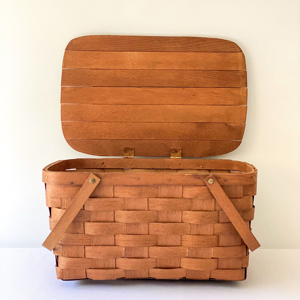 Vintage 17” Woven Splint Wooden Hinged Lid Picnic Basket