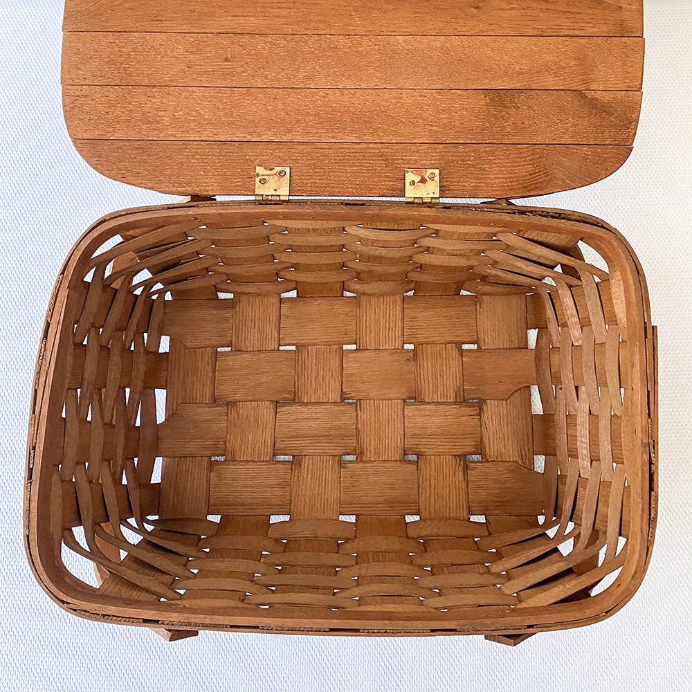 Vintage 17” Woven Splint Wooden Hinged Lid Picnic Basket