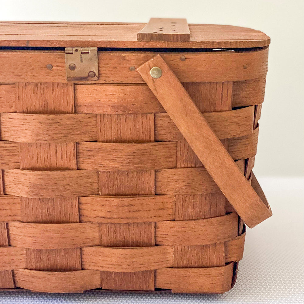 Vintage 17” Woven Splint Wooden Hinged Lid Picnic Basket
