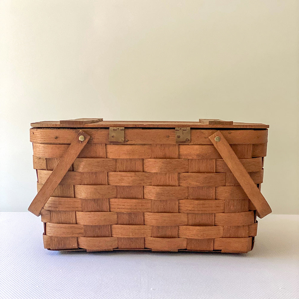 Vintage 17” Woven Splint Wooden Hinged Lid Picnic Basket