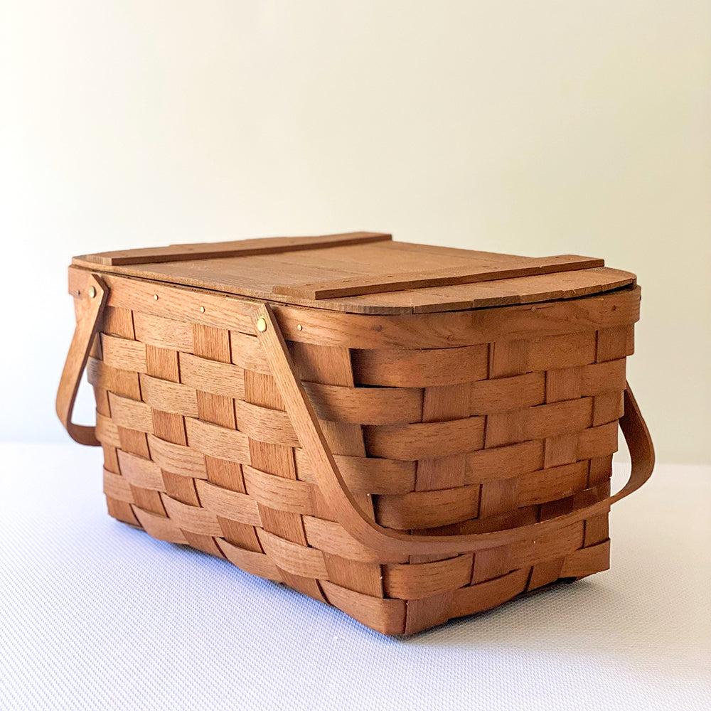 Vintage 17” Woven Splint Wooden Hinged Lid Picnic Basket