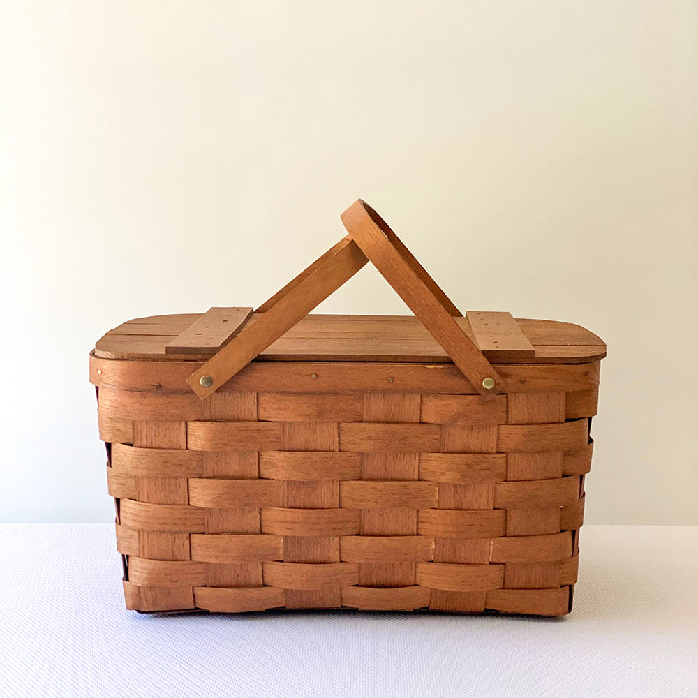 Vintage 17” Woven Splint Wooden Hinged Lid Picnic Basket
