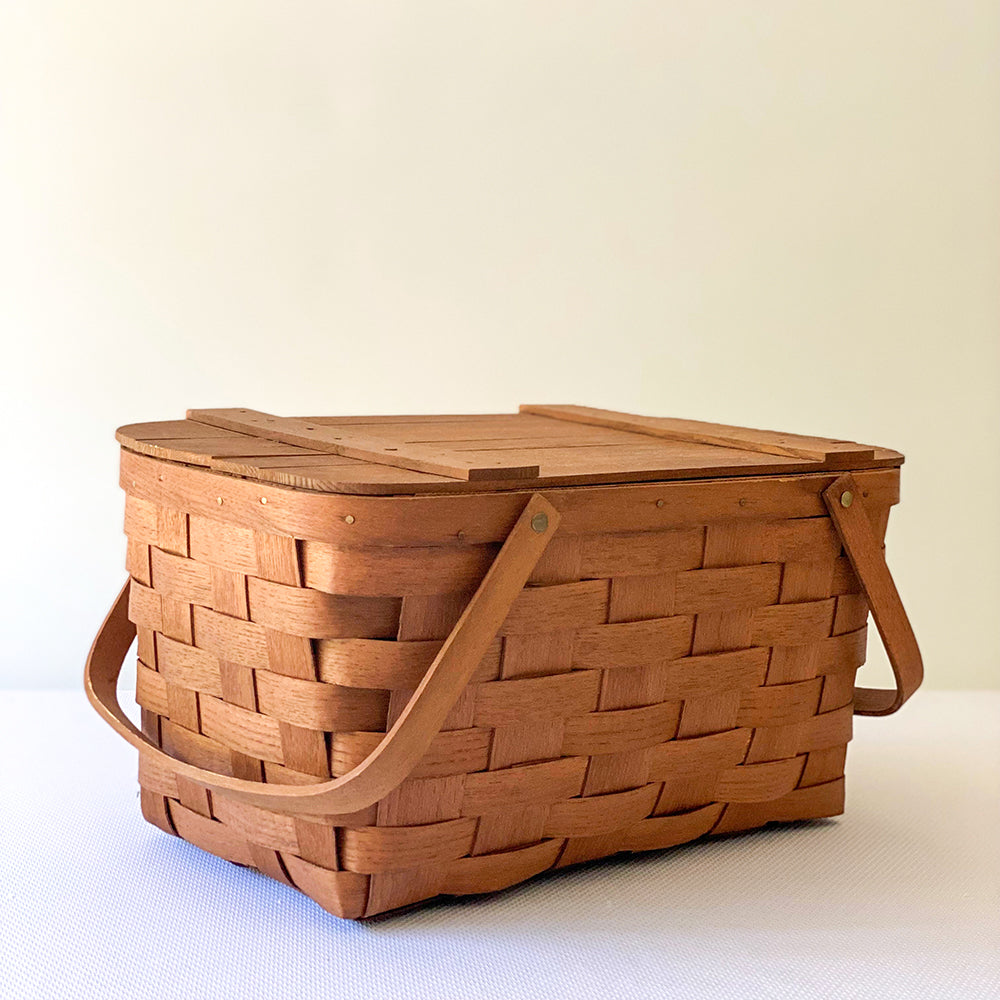 Vintage 17” Woven Splint Wooden Hinged Lid Picnic Basket