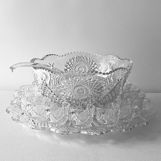 Vintage 15pcs Duncan & Miller 40 Clear EAPG Glass Punch Bowl Set