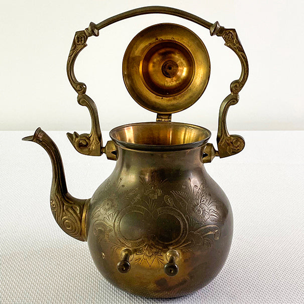 Vintage Ornate Antique Brass Engraved Tilting Tea Kettle Pot w/ Warming Stand