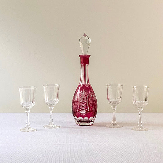 Vintage Nachtmann Traube Cut to Clear Crystal Ruby Red Decanter Set
