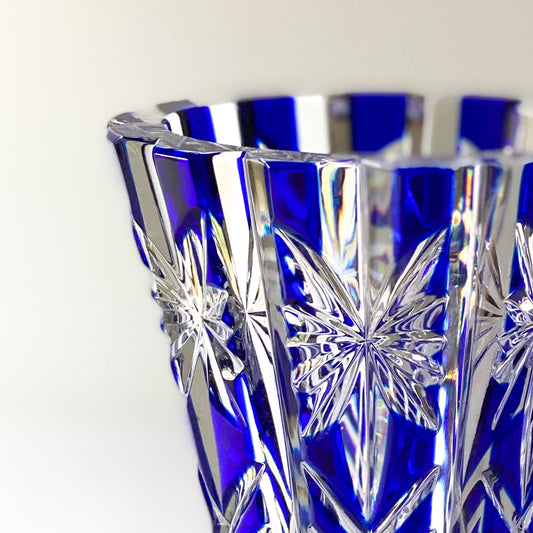 Vintage 10” Cut to Clear Cobalt Blue Polish Crystal Bouquet Table Vase