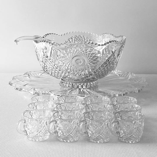 Vintage 15pcs Duncan & Miller 40 Clear EAPG Glass Punch Bowl Set