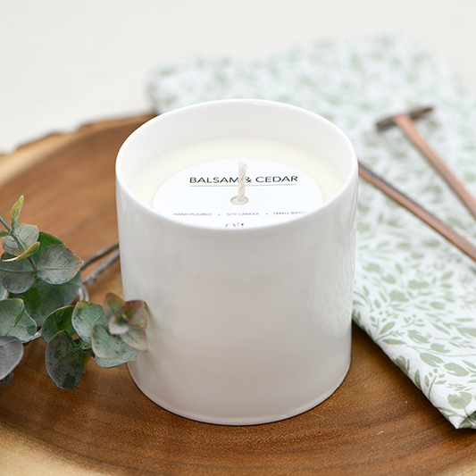 Balsam & Cedar All Natural Scented Soy Candle 10 oz. White Ceramic Jar