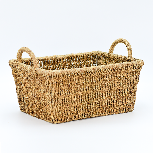 Vintage Woven Seagrass Rectangular Basket with Handles - Batstone Home